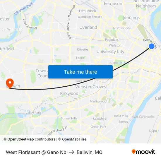 West Florissant @ Gano Nb to Ballwin, MO map