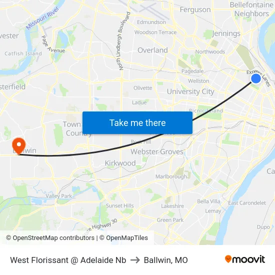 West Florissant @ Adelaide Nb to Ballwin, MO map