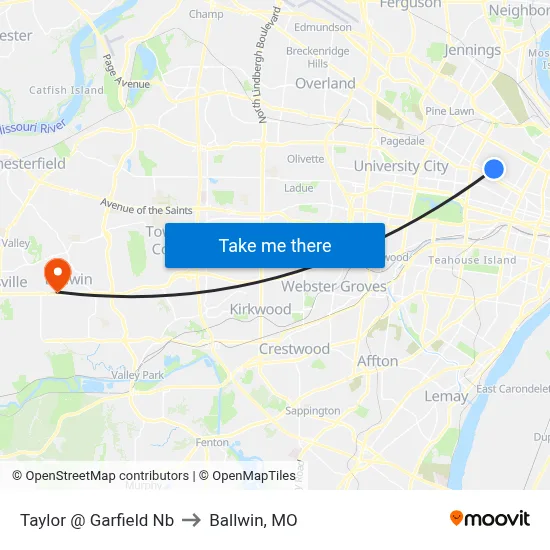 Taylor @ Garfield Nb to Ballwin, MO map