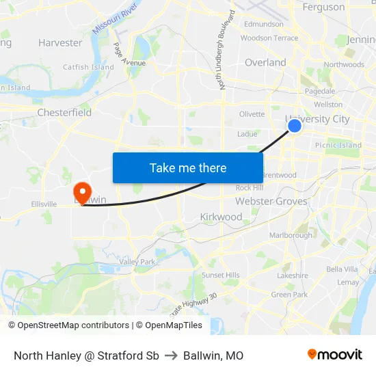 North Hanley @ Stratford Sb to Ballwin, MO map