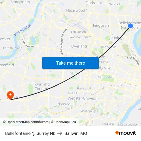 Bellefontaine @ Surrey Nb to Ballwin, MO map