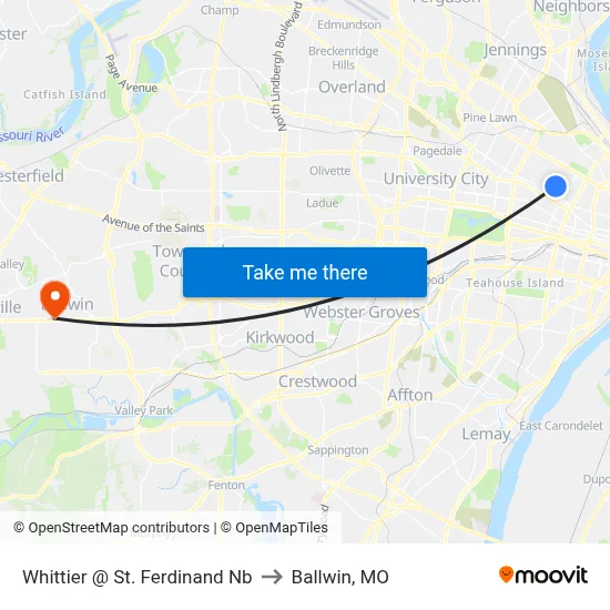 Whittier @ St. Ferdinand Nb to Ballwin, MO map