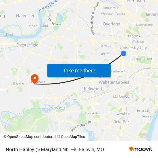 North Hanley @ Maryland Nb to Ballwin, MO map