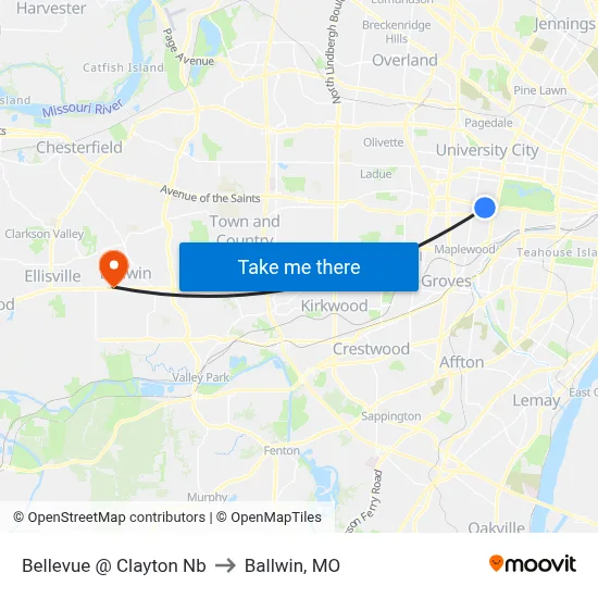 Bellevue @ Clayton Nb to Ballwin, MO map