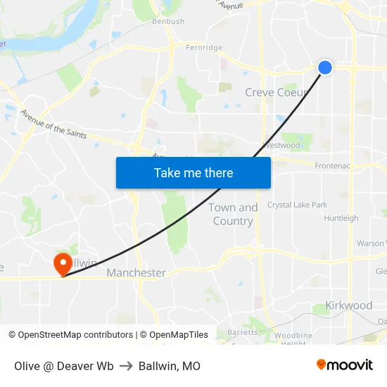 Olive @ Deaver Wb to Ballwin, MO map