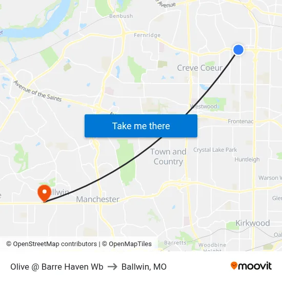 Olive @ Barre Haven Wb to Ballwin, MO map