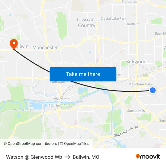 Watson @ Glenwood Wb to Ballwin, MO map