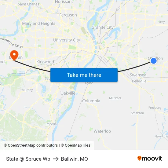 State @ Spruce Wb to Ballwin, MO map