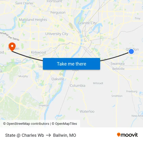 State @ Charles Wb to Ballwin, MO map