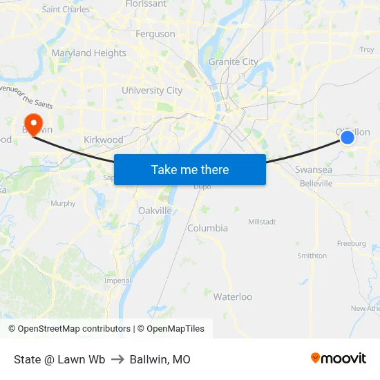 State @ Lawn Wb to Ballwin, MO map