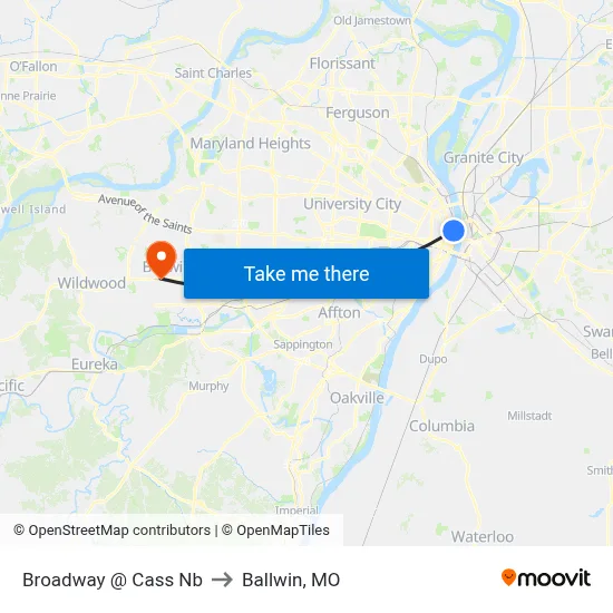 Broadway @ Cass Nb to Ballwin, MO map