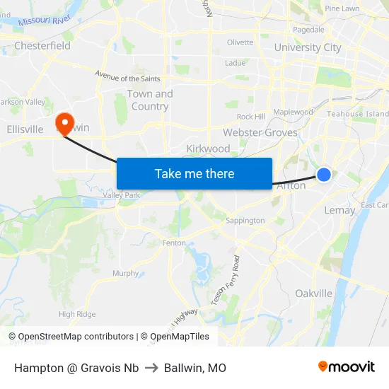 Hampton @ Gravois Nb to Ballwin, MO map