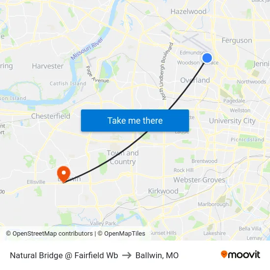 Natural Bridge @ Fairfield Wb to Ballwin, MO map
