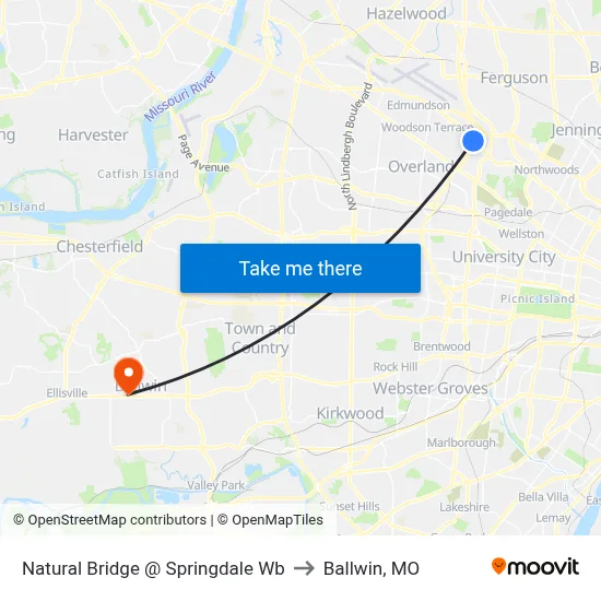 Natural Bridge @ Springdale Wb to Ballwin, MO map