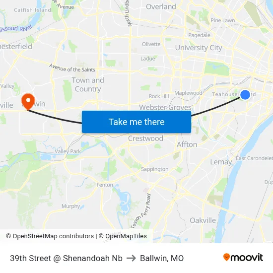 39th Street @ Shenandoah Nb to Ballwin, MO map