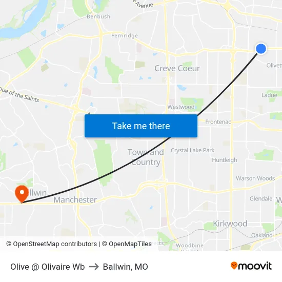 Olive @ Olivaire Wb to Ballwin, MO map