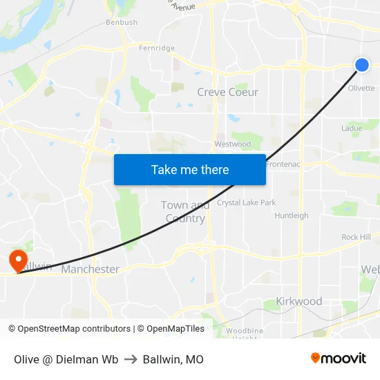 Olive @ Dielman Wb to Ballwin, MO map