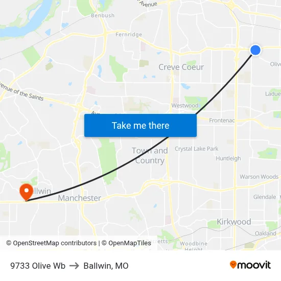 9733 Olive Wb to Ballwin, MO map