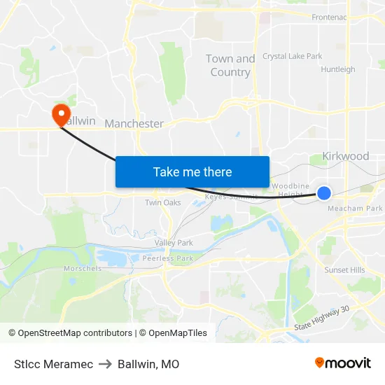 Stlcc Meramec to Ballwin, MO map