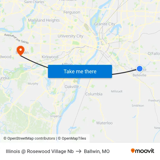 Illinois @ Rosewood Village Nb to Ballwin, MO map