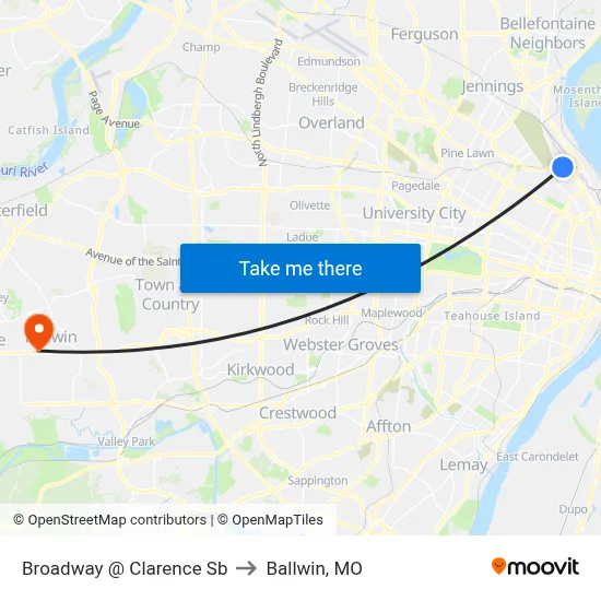 Broadway @ Clarence Sb to Ballwin, MO map