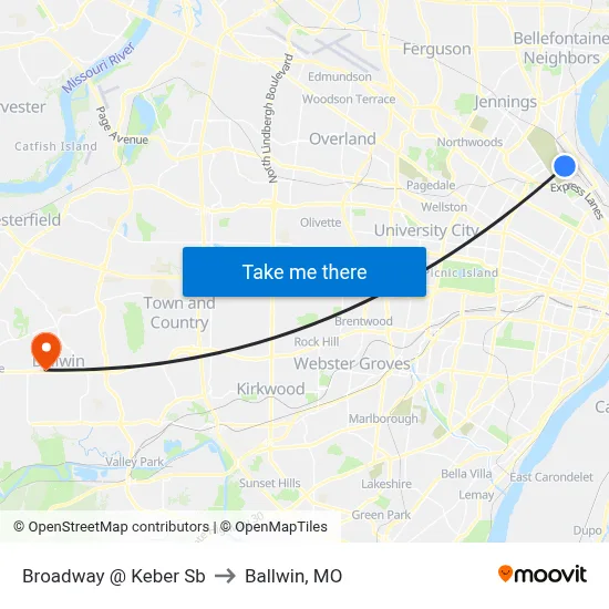 Broadway @ Keber Sb to Ballwin, MO map