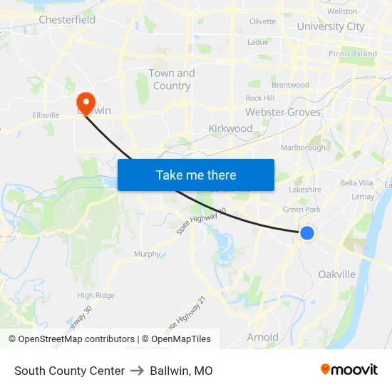 South County Center to Ballwin, MO map