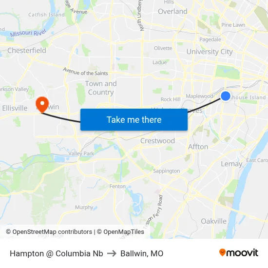 Hampton @ Columbia Nb to Ballwin, MO map