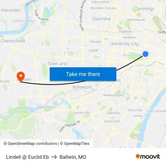 Lindell @ Euclid Eb to Ballwin, MO map