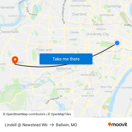 Lindell @ Newstead Wb to Ballwin, MO map