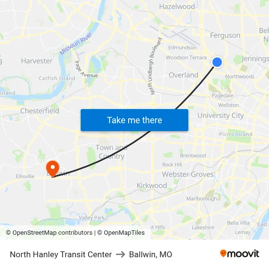 North Hanley Transit Center to Ballwin, MO map