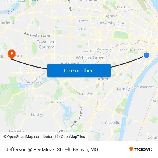 Jefferson @ Pestalozzi Sb to Ballwin, MO map