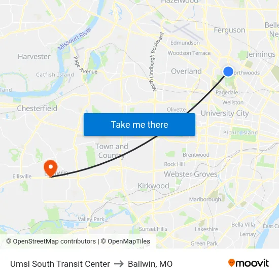 Umsl South Transit Center to Ballwin, MO map