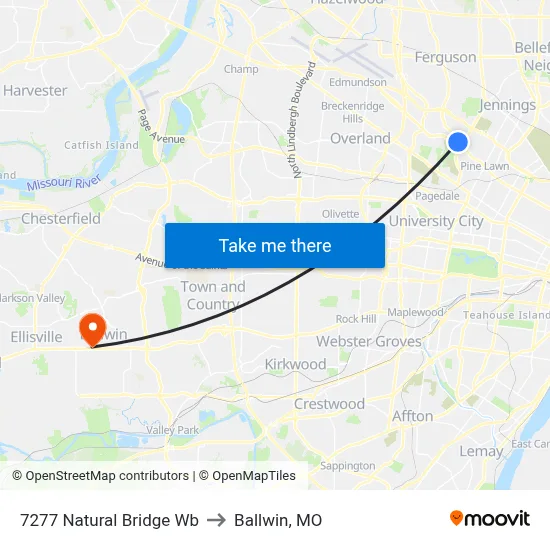 7277 Natural Bridge Wb to Ballwin, MO map