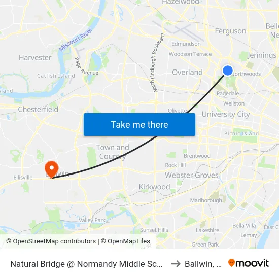 Natural Bridge @ Normandy Middle School Wb to Ballwin, MO map