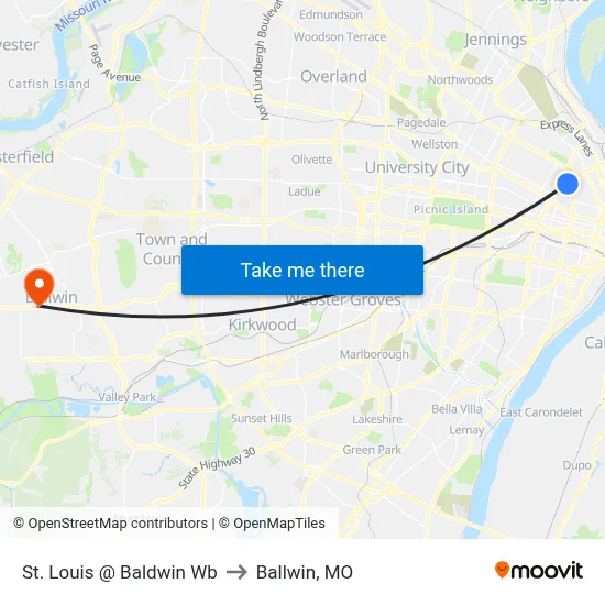 St. Louis @ Baldwin Wb to Ballwin, MO map