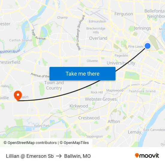 Lillian @ Emerson Sb to Ballwin, MO map