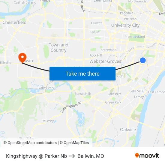 Kingshighway @ Parker Nb to Ballwin, MO map