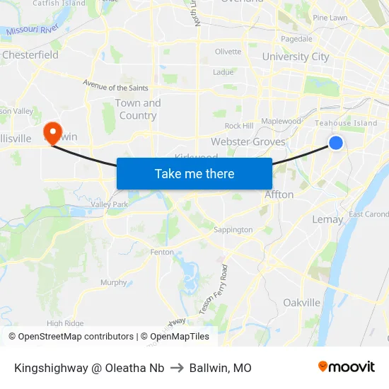 Kingshighway @ Oleatha Nb to Ballwin, MO map