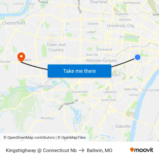 Kingshighway @ Connecticut Nb to Ballwin, MO map
