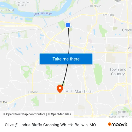 Olive @ Ladue Bluffs Crossing Wb to Ballwin, MO map