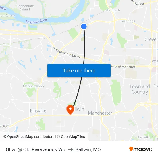 Olive @ Old Riverwoods Wb to Ballwin, MO map