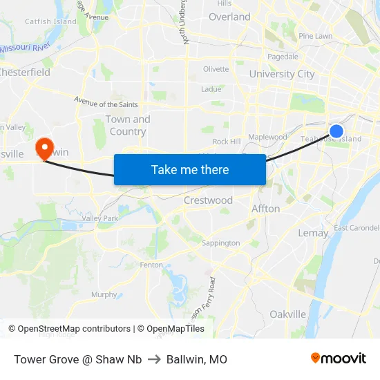 Tower Grove @ Shaw Nb to Ballwin, MO map