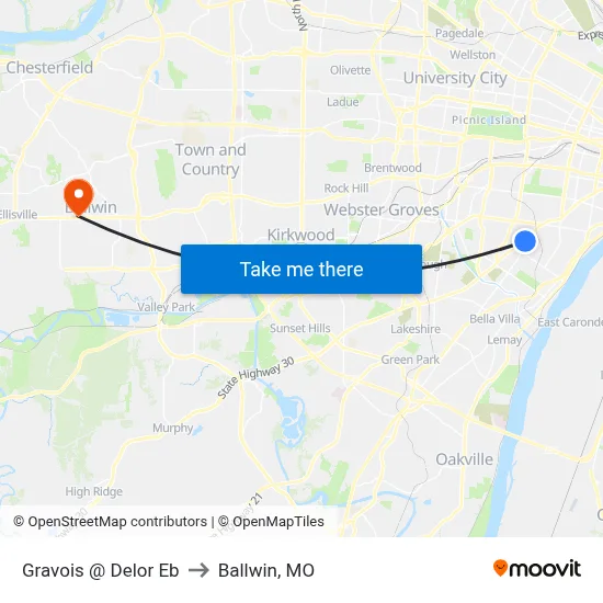 Gravois @ Delor Eb to Ballwin, MO map