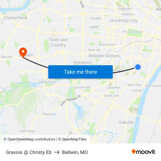 Gravois @ Christy Eb to Ballwin, MO map