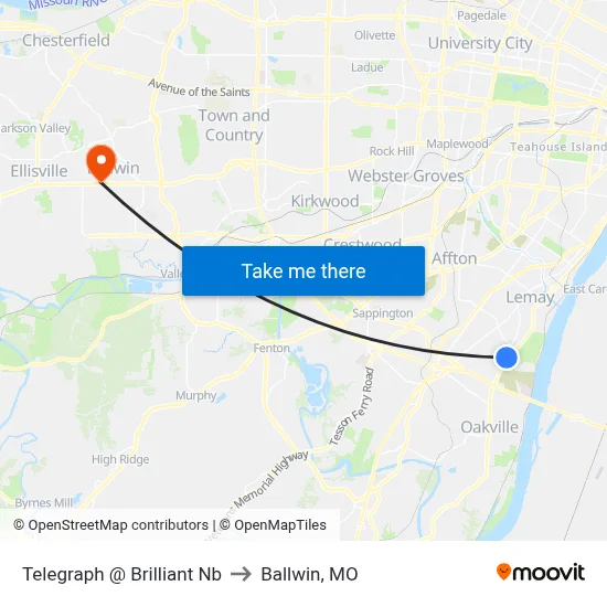 Telegraph @ Brilliant Nb to Ballwin, MO map