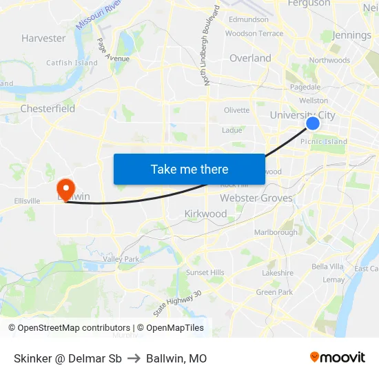 Skinker @ Delmar Sb to Ballwin, MO map