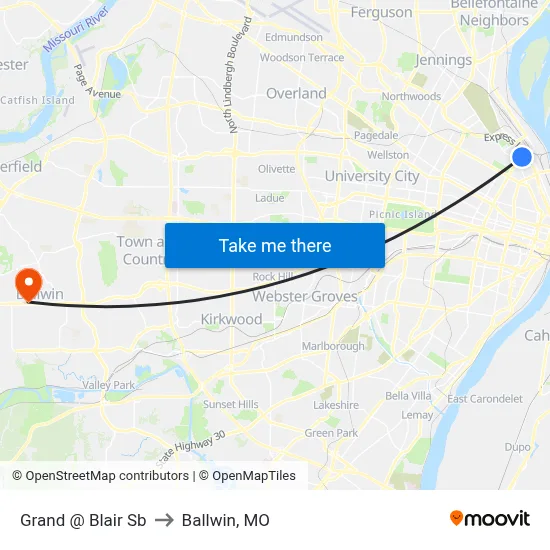 Grand @ Blair Sb to Ballwin, MO map