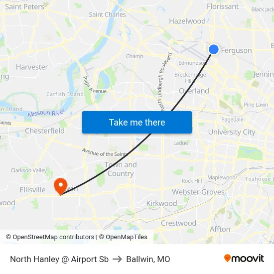 North Hanley @ Airport Sb to Ballwin, MO map