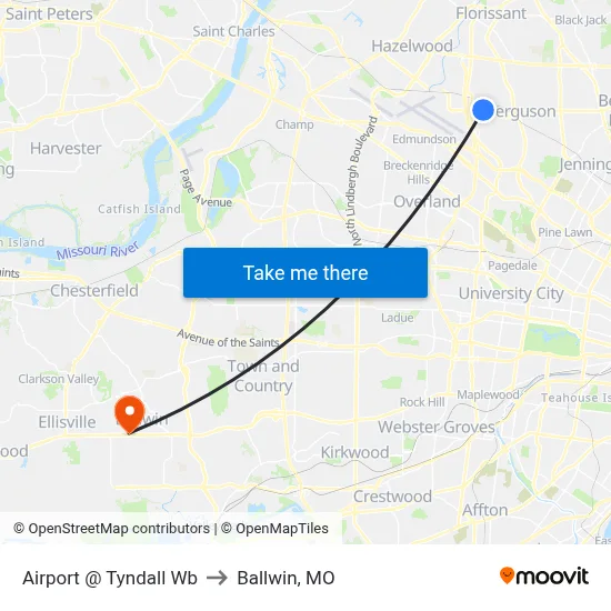 Airport @ Tyndall Wb to Ballwin, MO map